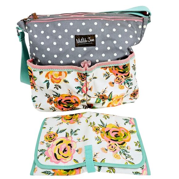 Matilda Jane Over The Moon Messenger Floral Diaper Bag & Pad Gray Teal - Picture 1 of 16